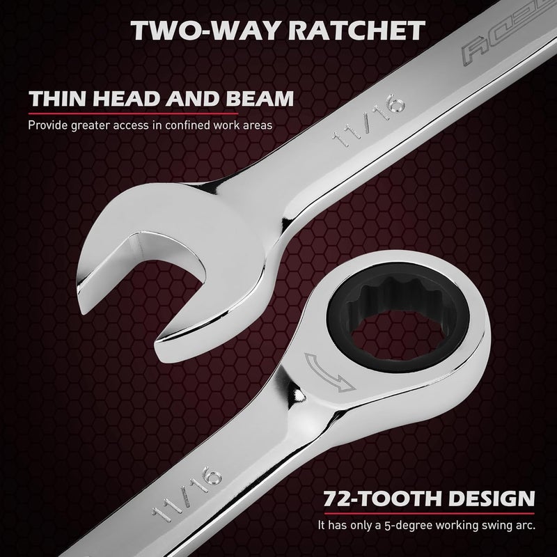 SEDY Premium 24-Piece Ratcheting Wrench Set, SAE & Metric Combination Wrenches, 8-19mm / 1/4"-7/8", 72-Tooth Ratchet Spanners, Chrome Vanadium Steel with Roll-Up Pouch for Mechanics - Image 5